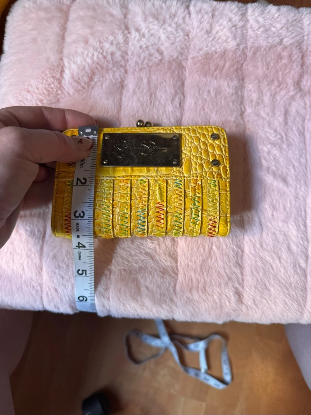 Jessica Simpson Yellow Embossed Wallet with Multicolor Stitching